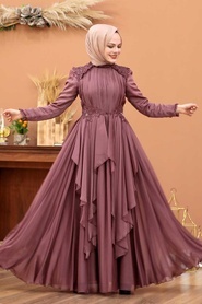 Tesettür Abiye Elbise - Fırfır Detaylı Kahverengi Tesettür Abiye Elbise 21850KH - Thumbnail