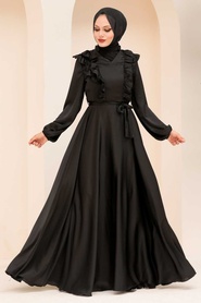 Tesettür Abiye Elbise - Fırfır Detaylı Siyah Tesettür Abiye Elbise 3117S - Thumbnail