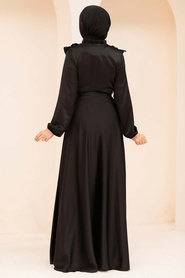 Tesettür Abiye Elbise - Fırfır Detaylı Siyah Tesettür Abiye Elbise 3117S - Thumbnail