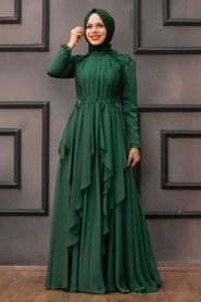 Tesettür Abiye Elbise - Fırfır Detaylı Yeşil Tesettür Abiye Elbise 21850Y - Thumbnail