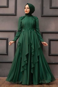 Tesettür Abiye Elbise - Fırfır Detaylı Yeşil Tesettür Abiye Elbise 21850Y - Thumbnail