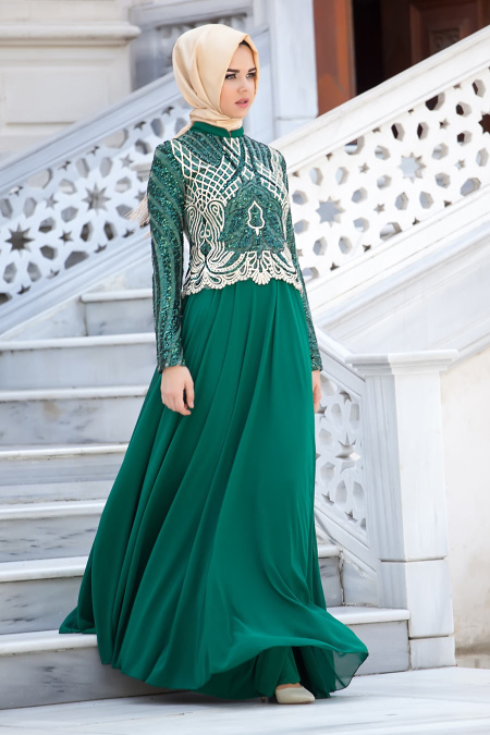 Tesettür Abiye Elbise - Green Hijab Dress 2185-01Y