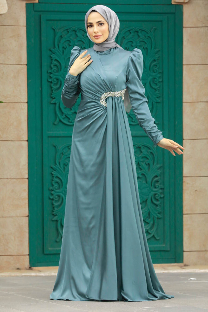 Tesettür Abiye Elbise - İnci Detaylı Mint Tesettür Abiye Elbise 2320MINT - 1