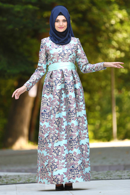 Tesettür Abiye Elbise - Jakarlı Çiçek Desenli Mint Tesettür Abiye Elbise 24412MINT