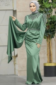 Tesettür Abiye Elbise - Kuyruklu Çağla Yeşili Tesettür Abiye Elbise 41312CY - Thumbnail