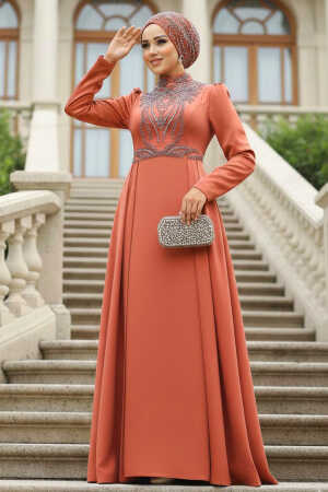 Tesettür Abiye Elbise - Kuyruklu Kiremit Tesettür Saten Abiye Elbise 25878KRMT - 1