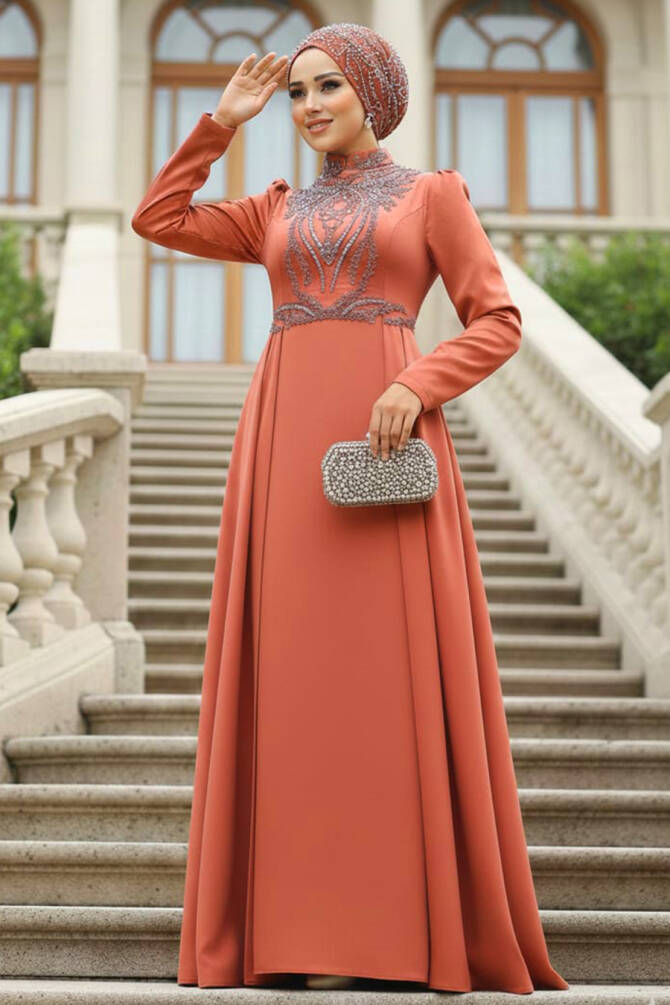 Tesettür Abiye Elbise - Kuyruklu Kiremit Tesettür Saten Abiye Elbise 25878KRMT - 1