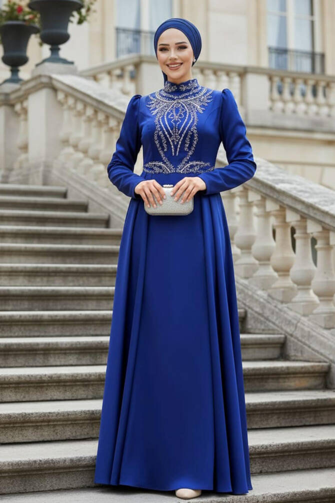 Tesettür Abiye Elbise - Kuyruklu Lacivert Tesettür Saten Abiye Elbise 25878L - 1