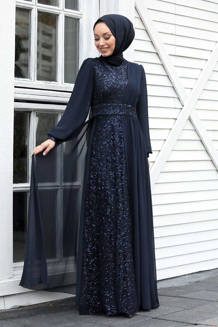 Tesettür Abiye Elbise - Navy Blue Hijab Evening Dress 5408L