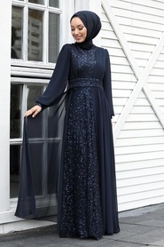 Tesettür Abiye Elbise - Navy Blue Hijab Evening Dress 5408L - Thumbnail