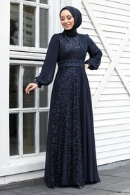 Tesettür Abiye Elbise - Navy Blue Hijab Evening Dress 5408L - Thumbnail