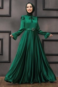 Tesettür Abiye Elbise - Omuz ve Yaka Detaylı Yeşil Tesettür Abiye Elbise 27240Y - Thumbnail
