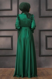 Tesettür Abiye Elbise - Omuz ve Yaka Detaylı Yeşil Tesettür Abiye Elbise 27240Y - Thumbnail