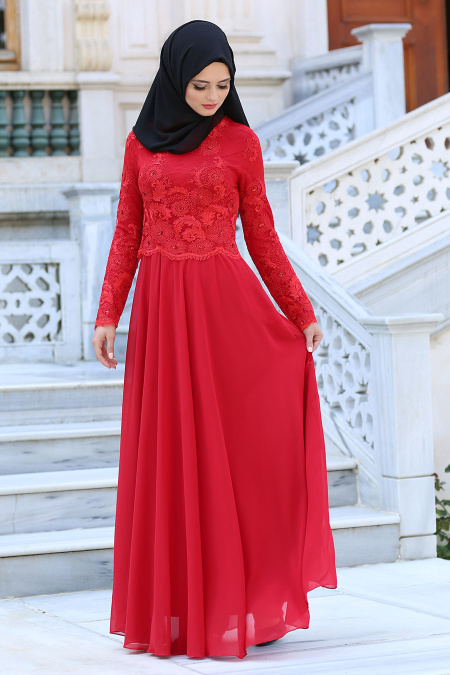 Tesettür Abiye Elbise - Önü Dantel Detaylı Kırmızı Tesettür Abiye Elbise 76464K