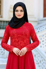 Tesettür Abiye Elbise - Önü Dantel Detaylı Kırmızı Tesettür Abiye Elbise 76464K - Thumbnail