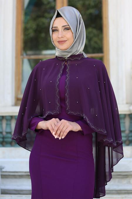Tesettür Abiye elbise - Pelerinli Mor Tesettür Abiye Elbise 7612MOR - 3