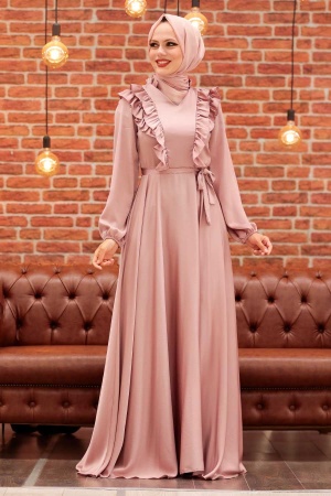 Tesettür Abiye Elbise -Poudre Islamique Habillement Robe De Soirée 3117PD - 3