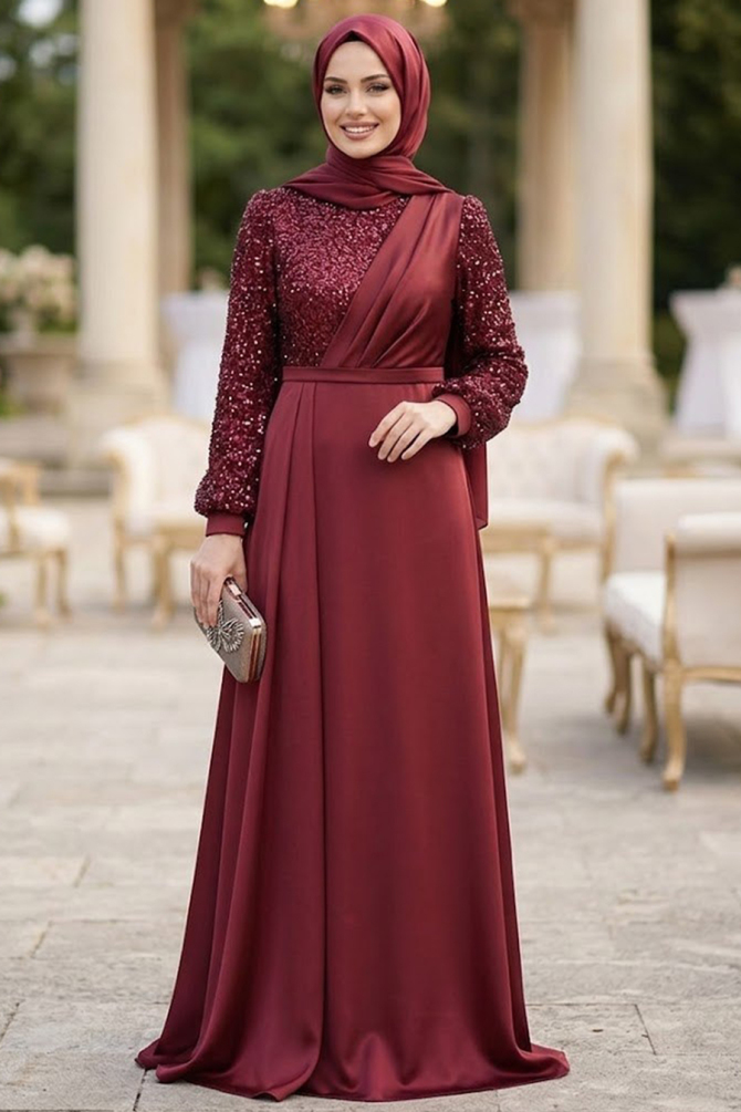 Tesettür Abiye Elbise - Pul İşlemeli BordoTesettür Abiye Elbise 2311BR - 1