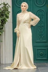 Tesettür Abiye Elbise - Pul İşlemeli Gold Tesettür Abiye Elbise 2311GOLD - Thumbnail