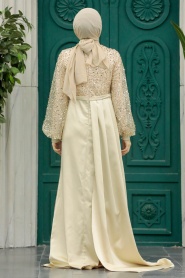 Tesettür Abiye Elbise - Pul İşlemeli Gold Tesettür Abiye Elbise 2311GOLD - Thumbnail