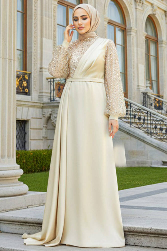 Tesettür Abiye Elbise - Pul İşlemeli Gold Tesettür Abiye Elbise 2311GOLD - 1