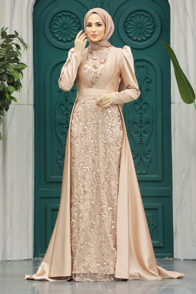 Tesettür Abiye Elbise - Pul İşlemeli Gold Tesettür Abiye Elbise 23082GOLD - 2
