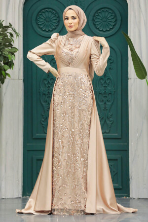 Tesettür Abiye Elbise - Pul İşlemeli Gold Tesettür Abiye Elbise 23082GOLD - 3