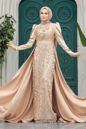 Tesettür Abiye Elbise - Pul İşlemeli Gold Tesettür Abiye Elbise 23082GOLD - 1