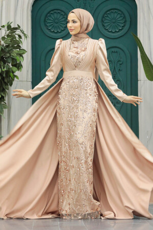Tesettür Abiye Elbise - Pul İşlemeli Gold Tesettür Abiye Elbise 23082GOLD - 4
