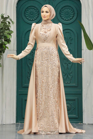 Tesettür Abiye Elbise - Pul İşlemeli Gold Tesettür Abiye Elbise 23082GOLD - 5