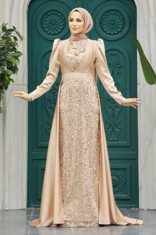 Tesettür Abiye Elbise - Pul İşlemeli Gold Tesettür Abiye Elbise 23082GOLD - 5