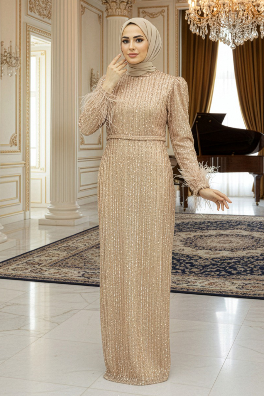 Tesettür Abiye Elbise - Pul İşlemeli Gold Tesettür Abiye Elbise 23210GOLD