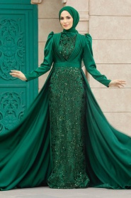 Tesettür Abiye Elbise - Pul İşlemeli Yeşil Tesettür Abiye Elbise 23082Y - Thumbnail