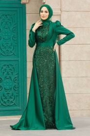 Tesettür Abiye Elbise - Pul İşlemeli Yeşil Tesettür Abiye Elbise 23082Y - Thumbnail
