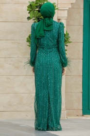 Tesettür Abiye Elbise - Pul İşlemeli Yeşil Tesettür Abiye Elbise 23210Y - Thumbnail