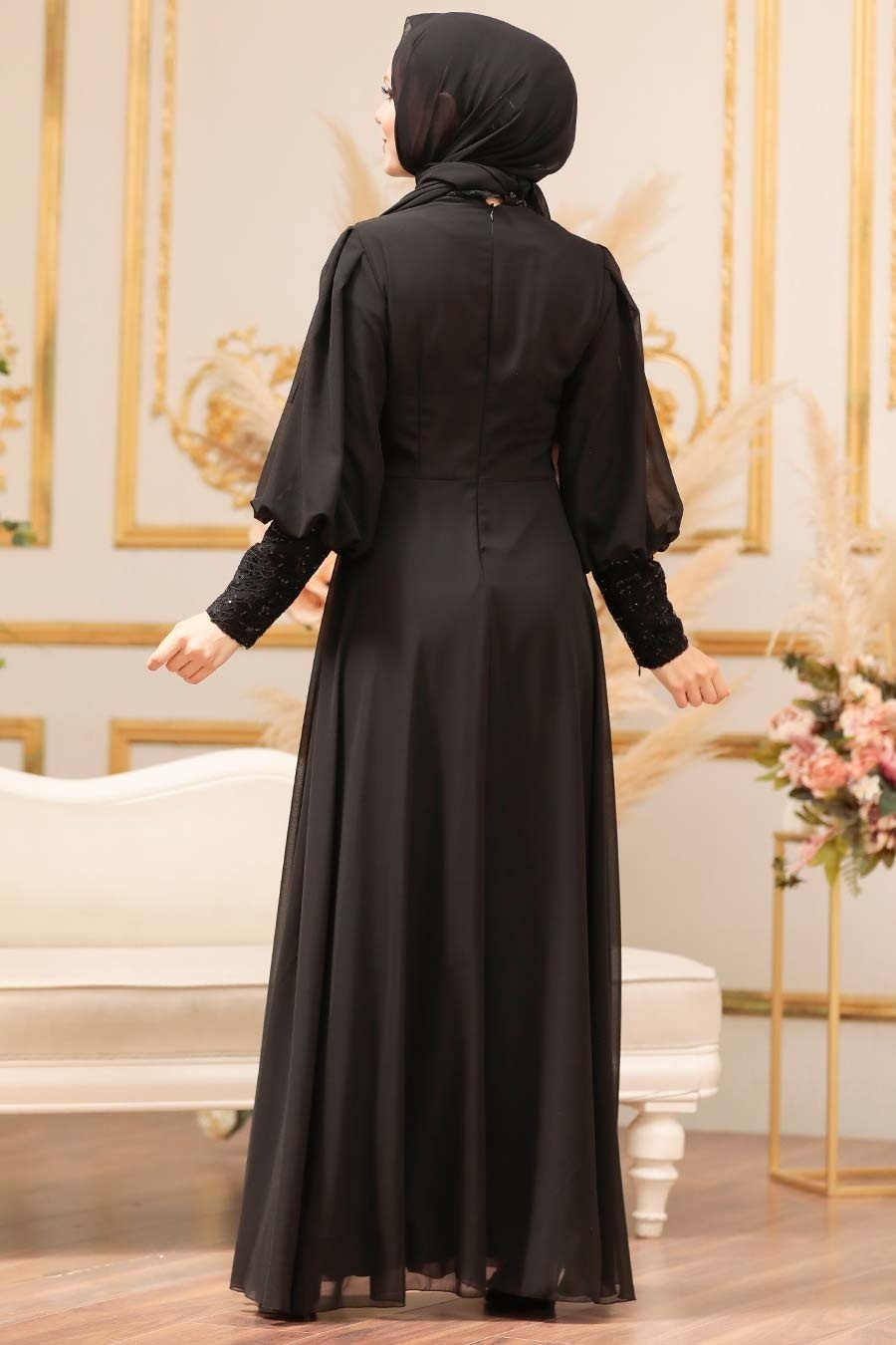 Tesettür Abiye Elbise - Pul Payet Detaylı Siyah Tesettür Abiye Elbise 25810S