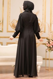 Tesettür Abiye Elbise - Pul Payet Detaylı Siyah Tesettür Abiye Elbise 25810S - Thumbnail