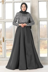 Tesettür Abiye Elbise - Pul Payet Detaylı Siyah Tesettür Abiye Elbise 5152S - Thumbnail