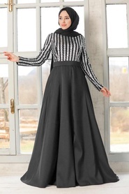 Tesettür Abiye Elbise - Pul Payet Detaylı Siyah Tesettür Abiye Elbise 5152S - Thumbnail
