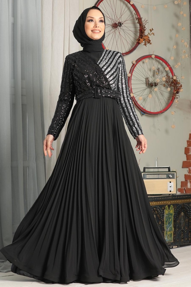 Tesettür Abiye Elbise - Pul Payet İşlemeli Gümüş Tesettür Abiye Elbise 33130GMS - 1