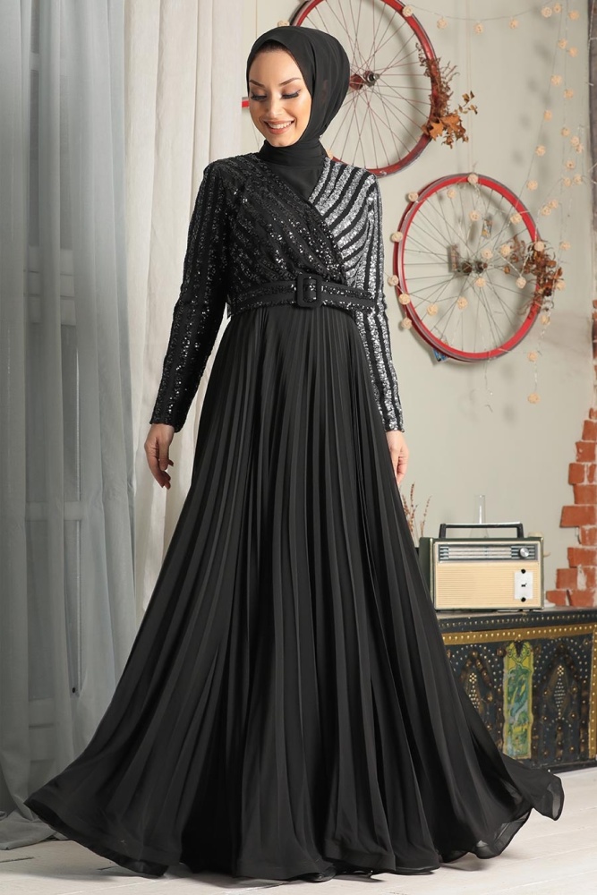 Tesettür Abiye Elbise - Pul Payet İşlemeli Gümüş Tesettür Abiye Elbise 33130GMS - 2