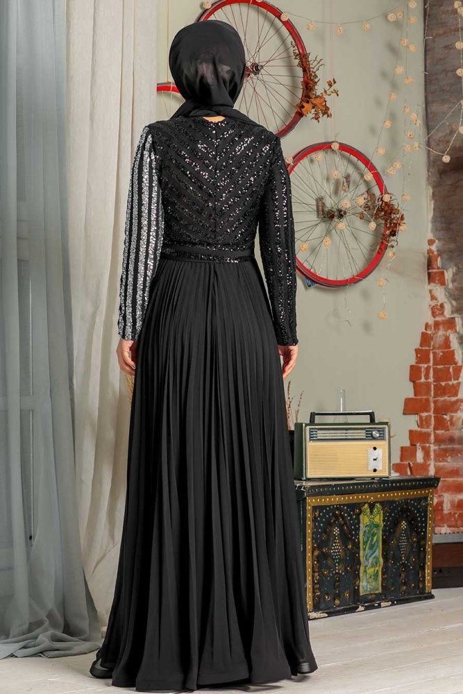 Tesettür Abiye Elbise - Pul Payet İşlemeli Gümüş Tesettür Abiye Elbise 33130GMS - 3