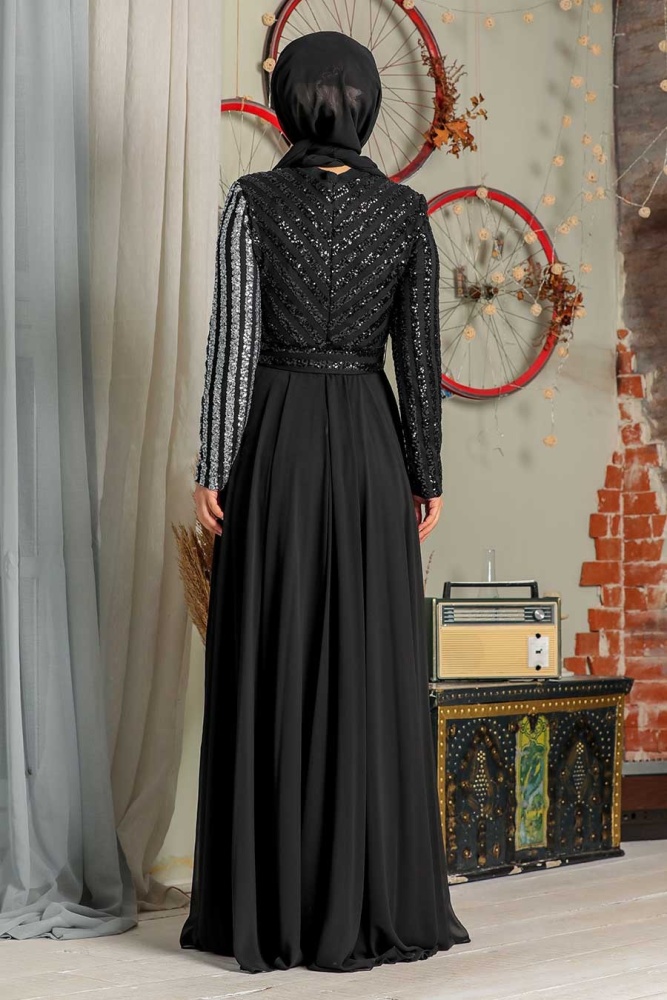 Tesettür Abiye Elbise - Pul Payet İşlemeli Gümüş Tesettür Abiye Elbise 3316GMS - 3
