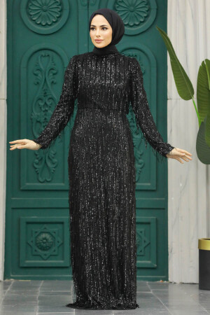 Tesettür Abiye Elbise - Pul Payet İşlemeli Siyah Tesettür Abiye Elbise 2314S - 2