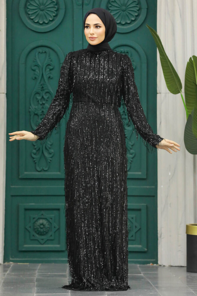 Tesettür Abiye Elbise - Pul Payet İşlemeli Siyah Tesettür Abiye Elbise 2314S - 2