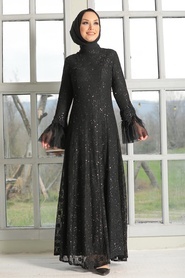 Tesettür Abiye Elbise - Pul Payet İşlemeli Siyah Tesettür Abiye Elbise 3189S - Thumbnail