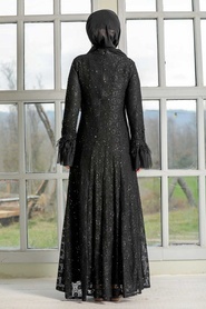 Tesettür Abiye Elbise - Pul Payet İşlemeli Siyah Tesettür Abiye Elbise 3189S - Thumbnail