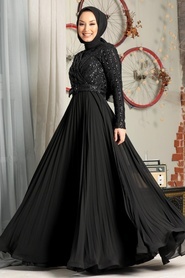 Tesettür Abiye Elbise - Pul Payet İşlemeli Siyah Tesettür Abiye Elbise 33130S - Thumbnail