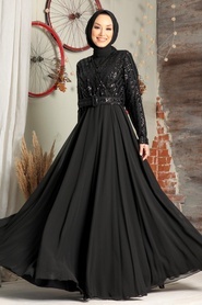 Tesettür Abiye Elbise - Pul Payet İşlemeli Siyah Tesettür Abiye Elbise 3316S - Thumbnail