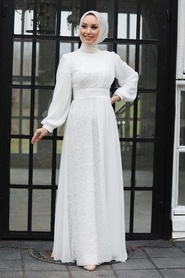 Tesettür Abiye Elbise - Pul Payetli Beyaz Tesettür Abiye Elbise 5408B - Thumbnail